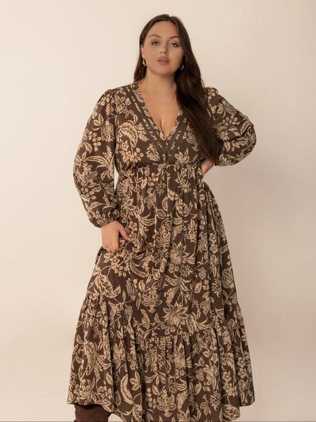 【Plus Size】 All Over Plant Print Ruffle Hem A Line Dress, Casual Bishop Sleeve V Neck Long Sleeve Dress for Fall & Winter, Women's Clothes for Daily Wear