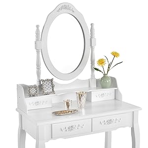 Juskys Mira White Dressing Table with Mirror Top, Drawers & Stool | ArtLife