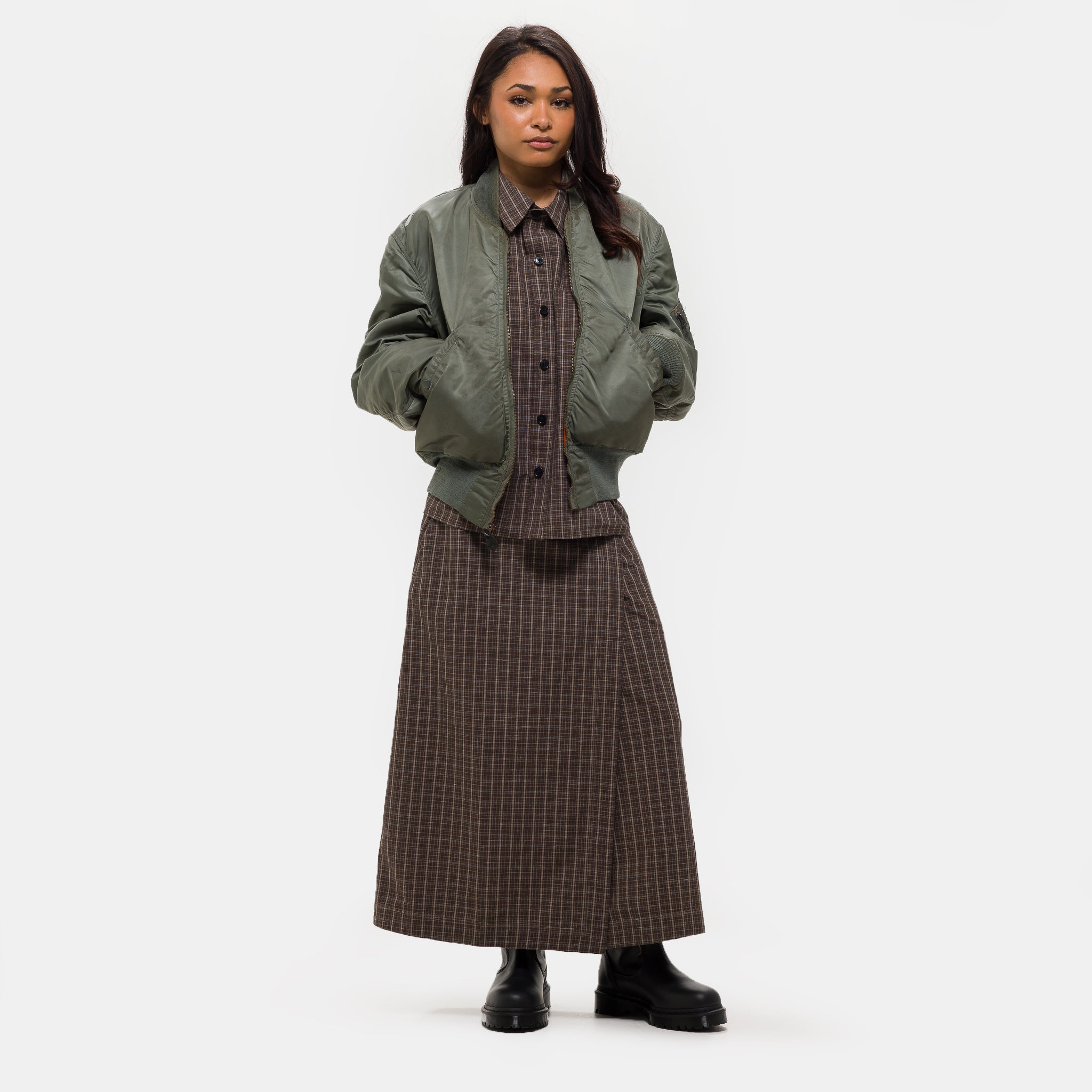 Classic Wrap Skirt in Brown Linen Check