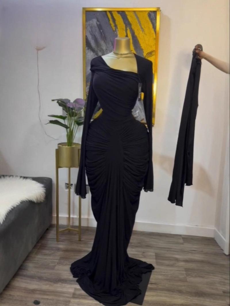 PULKRITU Women's Asymmetrical Neckline Flared Long Sleeve Ruffled Stacked Dress, Autumn Birthday Party Sexy Evening Gown with Scarf Bodycon Midi Ruched Side Maxi Dresses, Trendy Education Holiday Long Dresses, Fashion Streetwear Clothing, Floor Length Dre