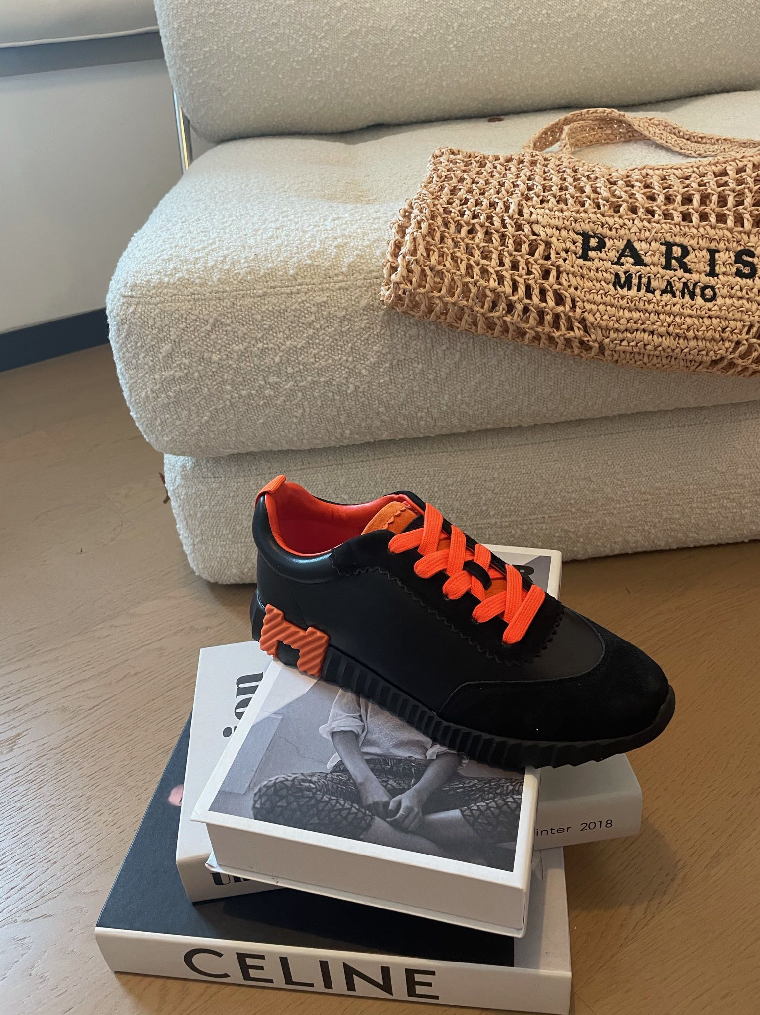 BOUNCING SNEAKERS BLACK CALFSKIN WITH ORANGE LACES、mysite、Cacoeks