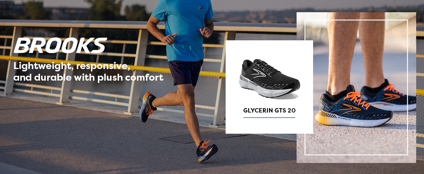 single male road runner running along a bridge overlooking a lake / close up of shoes, man standing