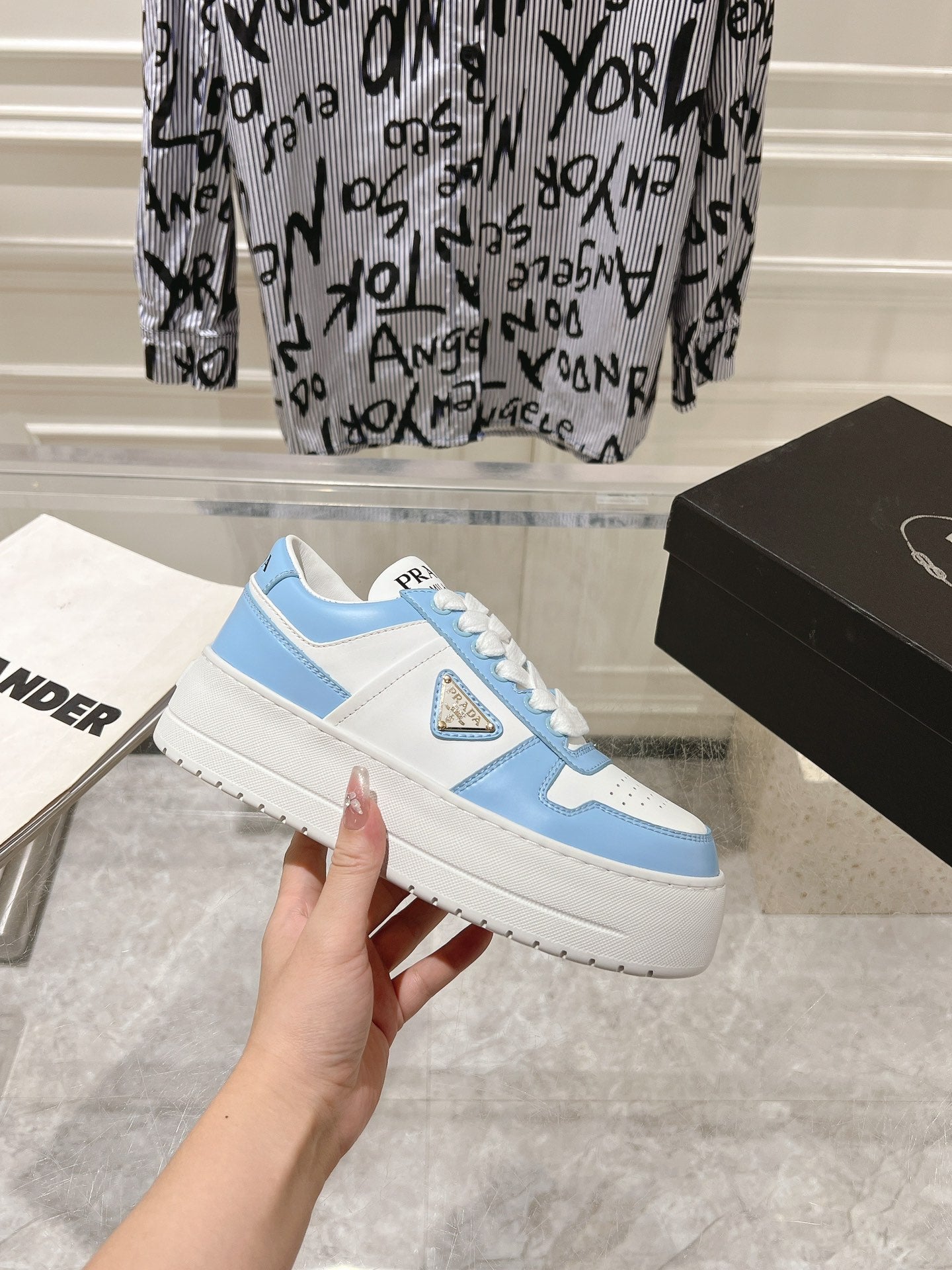 PRA DOWNTOWN BOLD SNEAKERS WHITE AND SKY CALFSKIN、mysite、Cacoeks