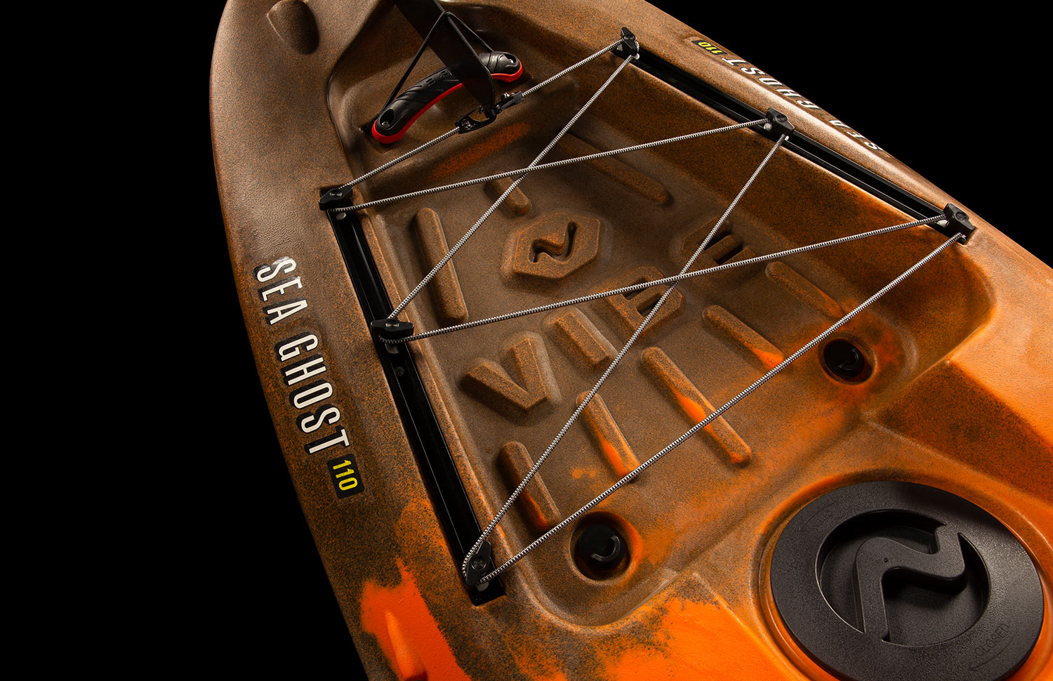 Sea Ghost 110 kayaks large cargo area with bungee Best in class storage in Vibe Sea Ghost 110 fishing kayak