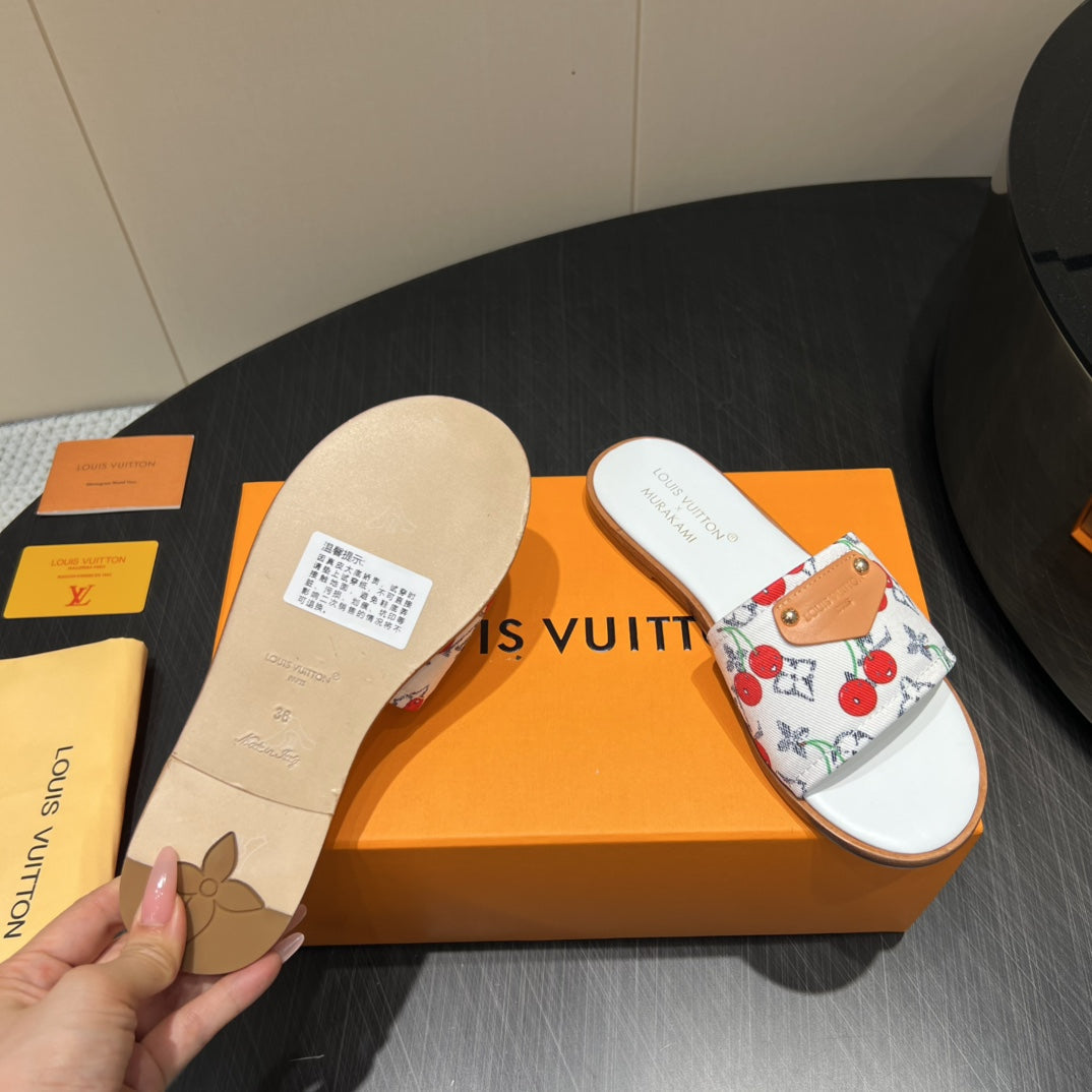 LV SLIDE SANDALS 25S IN WHITE DENIM AND CALFSKIN WITH LOGO PRINT、mysite、Cacoeks