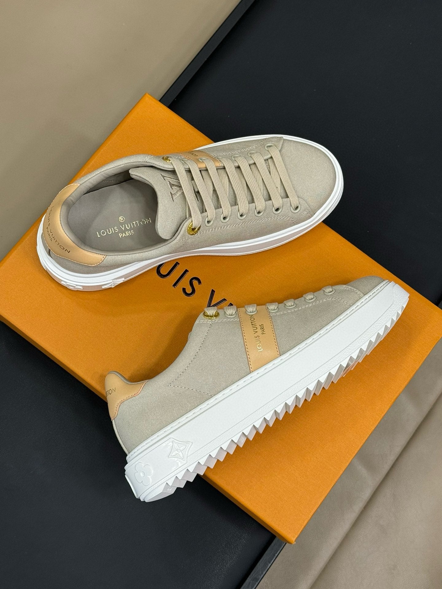 LV TIME OUT SNEAKER IN PASTEL GRAY MIX MACAROON GOLD CANVAS、mysite、Cacoeks