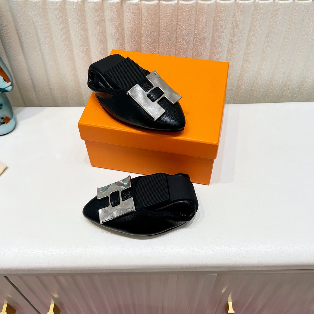 H-BUCKLE BALLLET FLAT BLACK CALFSKIN、mysite、Cacoeks