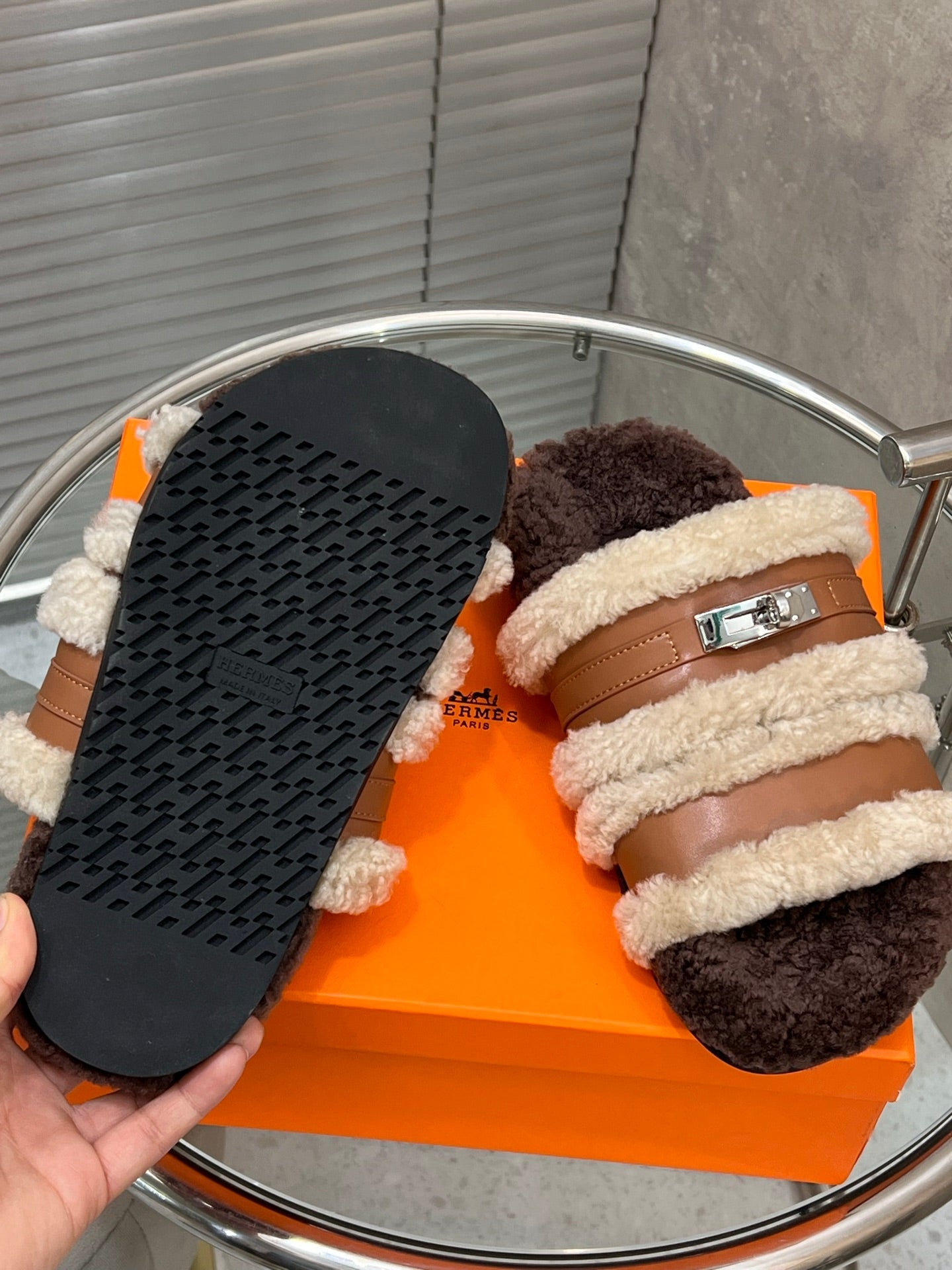 HM 25S SANDAL IN BEIGE WOOL AND BROWN LAMBSKIN WITH SILVER HARDWARE、mysite、Cacoeks