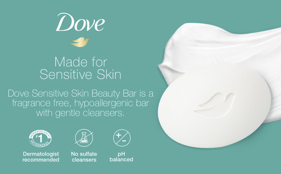 Image of Dove Beauty Bar with text reading "Made for Sensitive Skin.