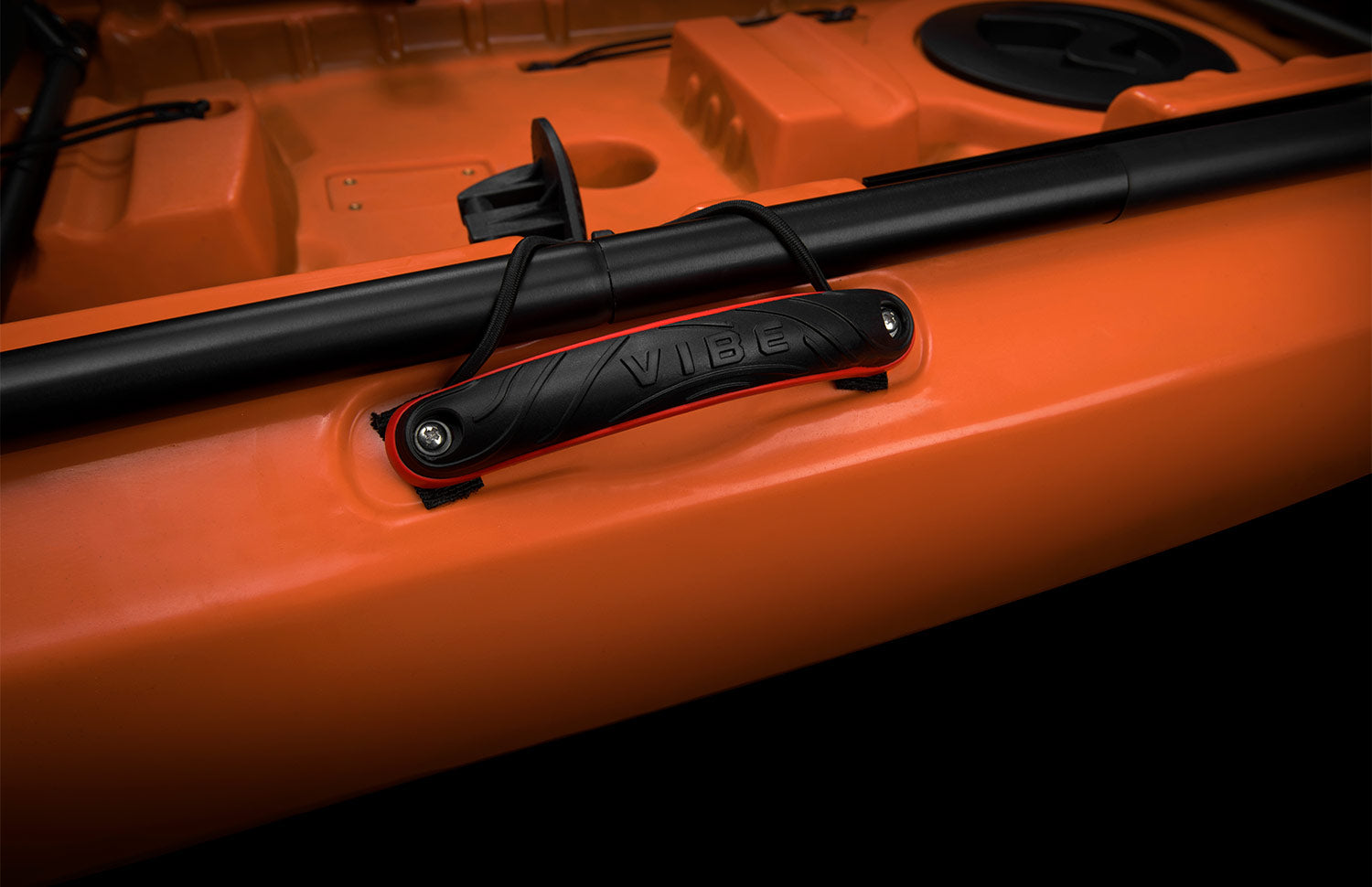 Yellowfin 130T kayak side handle with bungee paddle park Vibe Yellowfin 130T has 4 handles for carrying and 2 paddle parks