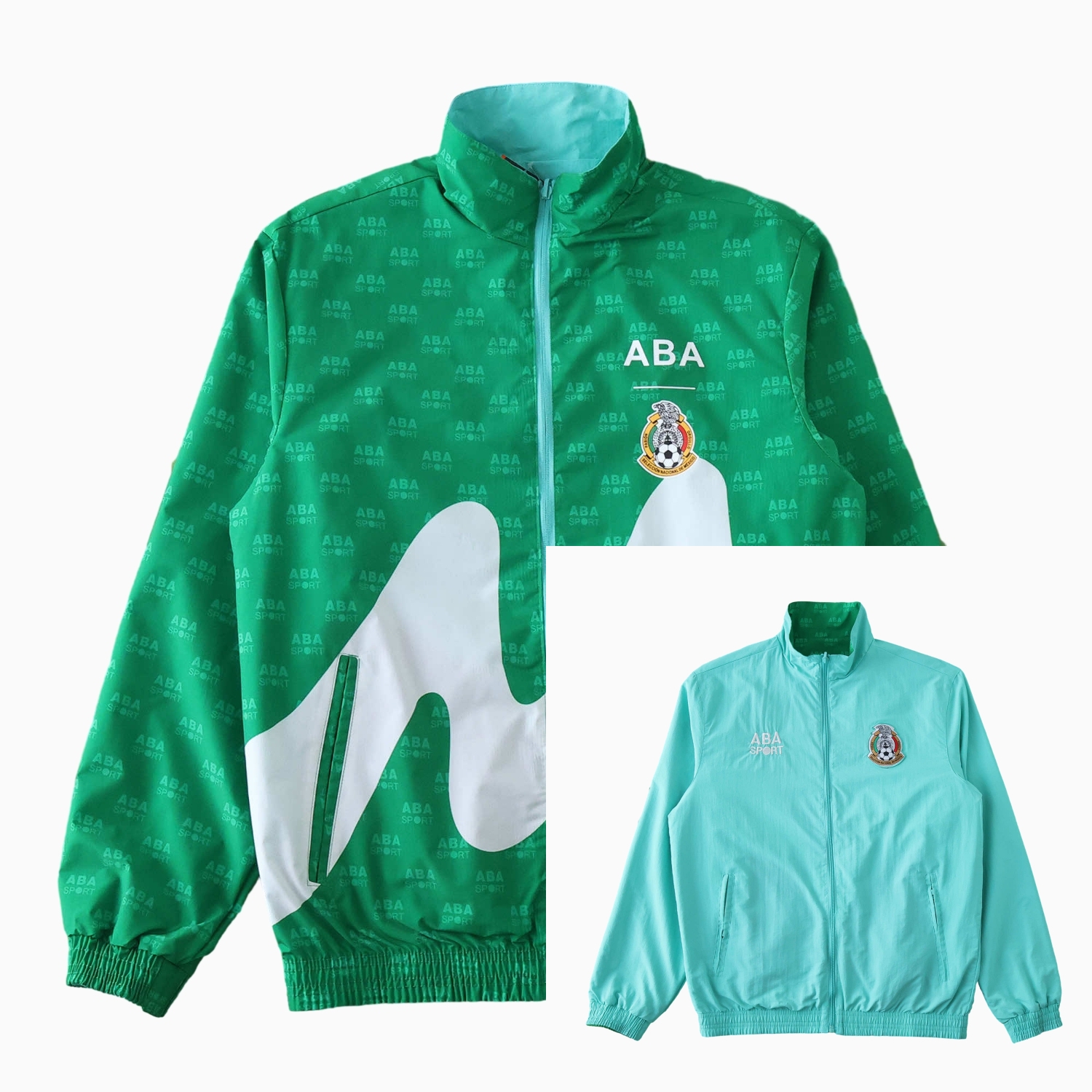 Funinjersey-Retro Mexico 1995 Retro Style Double Sided Reversible Windbreaker - Green & Blue