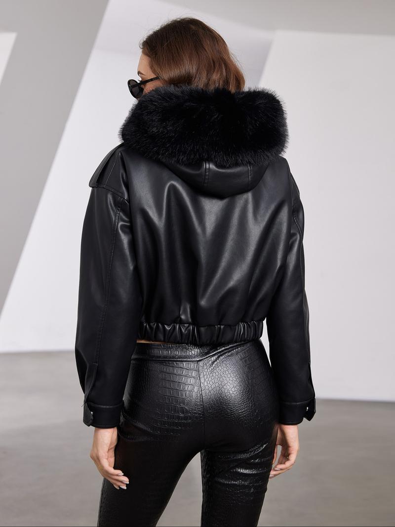 Women's Contrast Faux Fur Trim Hooded Jacket, Casual Long Sleeve Zipper Button Front Pocket Outerwear for Fall & Winter, Women's Clothing for Daily Wear