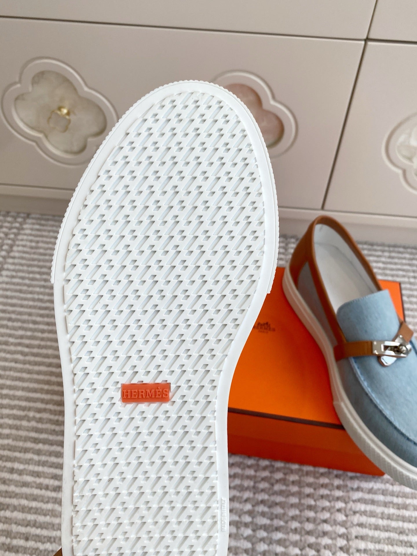 HM 25S SLIP-ON IN SKY BLUE CANVAS AND BROWN LAMBSKIN WITH SILVER HARDWARE、mysite、Cacoeks