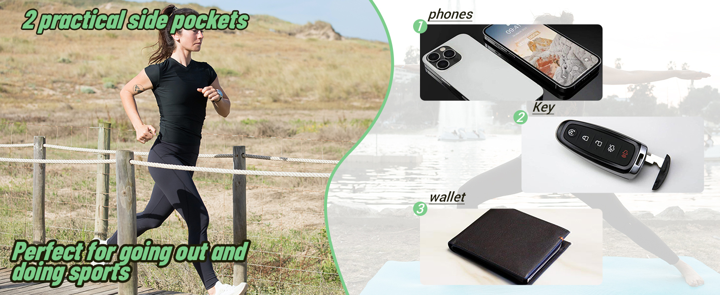 Composite image showing a person jogging outdoors and three small devices: a smartphone, a key fob-like object, and a slim wallet or card holder.