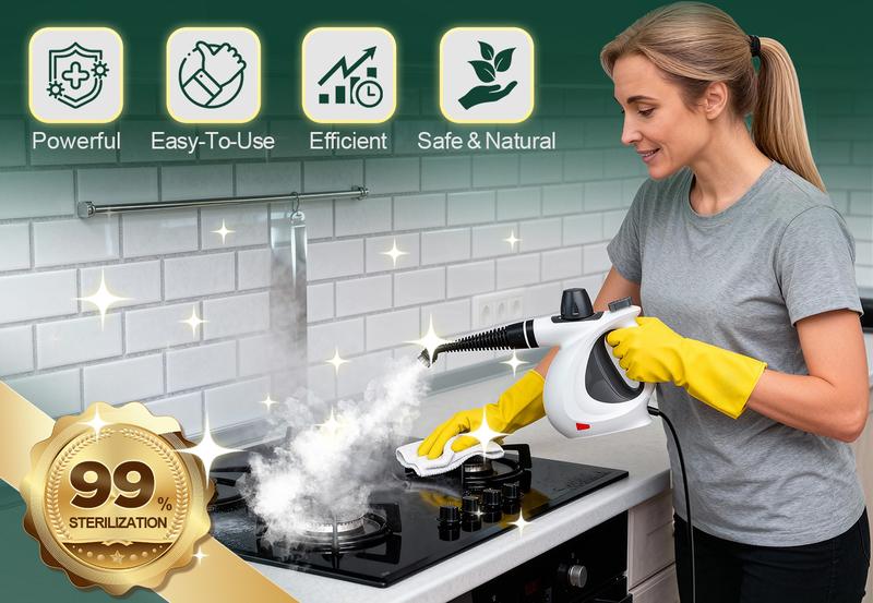 Phueut Pressurized Handheld Multi-Surface Natural Steam Cleaner with 12 pcs Replacement Parts , Multi-Purpose Steamer for Home Use, Kitchen and Car