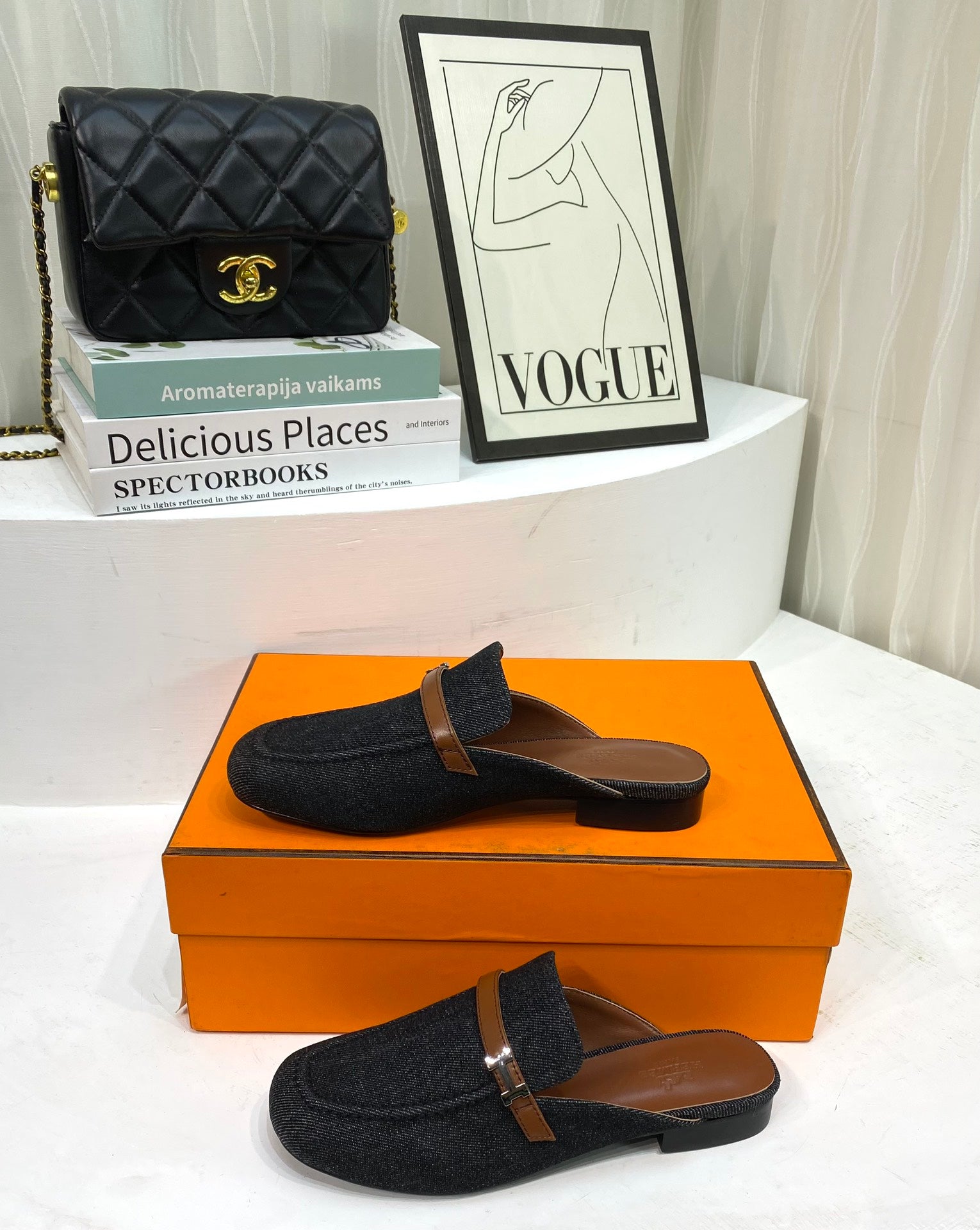 IENA MULE BLACK CANVAS AND BROWN CALFSKIN、mysite、Cacoeks