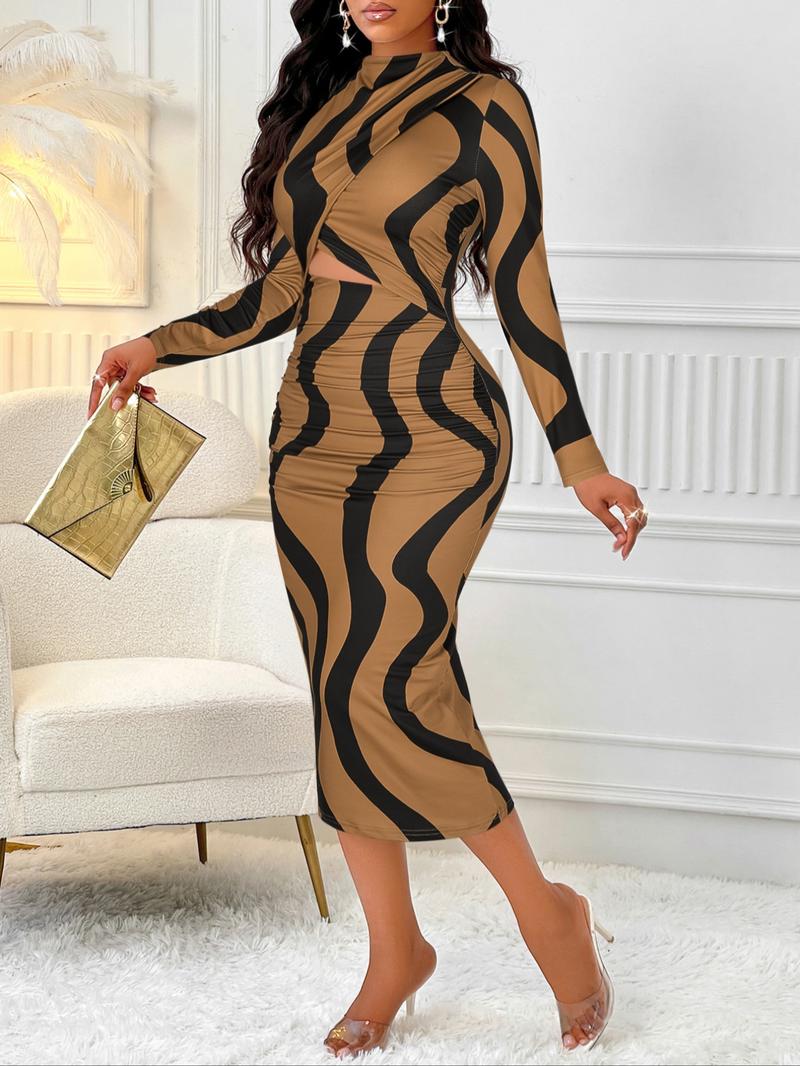 Aliling&nbsp;Women's Colorblock Print Cut Out Bodycon Dress, Elegant Fashion Casual Long Sleeve Dress for Daily Outdoor Wear, Women Dress for Spring Fall