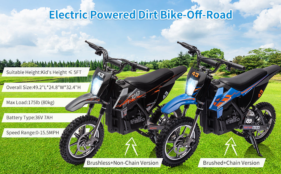 36V Kids Electric Dirt Bike, 350W, 15.5MPH, LED, 175lbs Max 36V Kids Electric Dirt Bike, 350W, 15.5MPH, LED, 175lbs Max