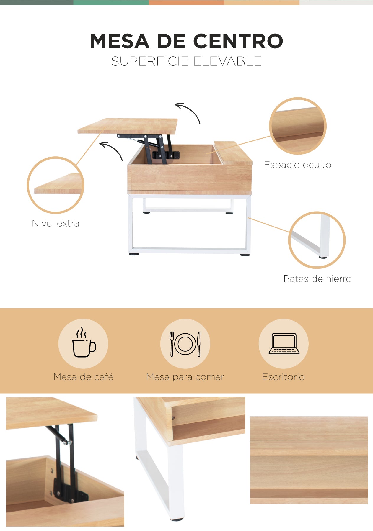 Mesa de Centro Elevable con Compartimento Interno Oculto Café y Blanco