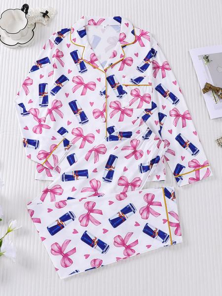 2-piece women's set with bow and heart design, long sleeve top, long pants with small pockets, comfortable, soft, skin-friendly, smooth fabric, elastic waistband, suitable for all seasons, casual loungewear, pajamas.