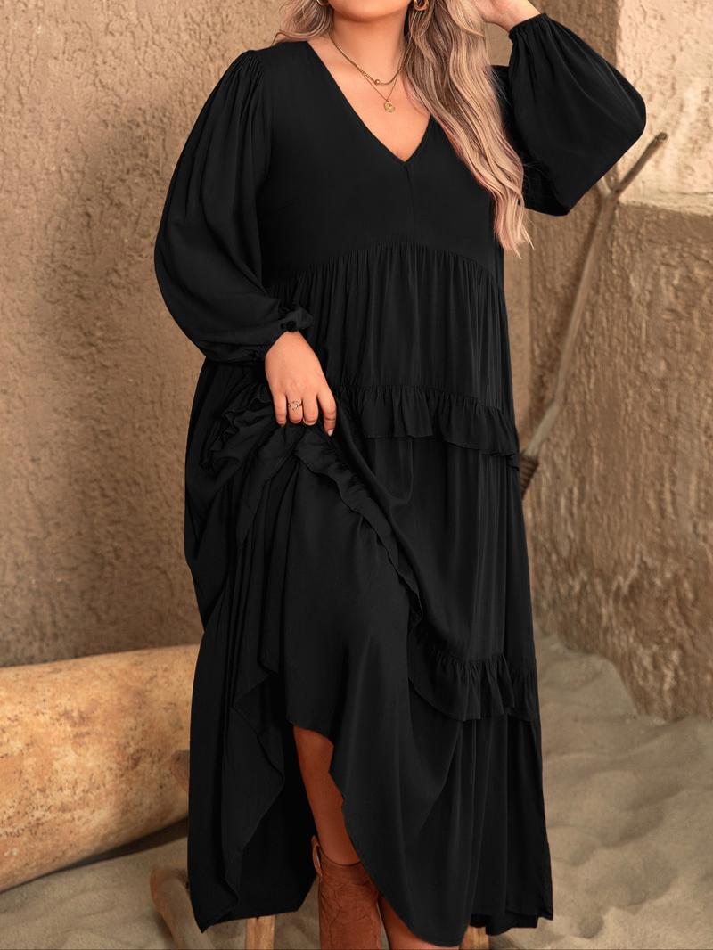 Plus Size Plain Lantern Sleeve Tiered Ruffle Trim Smock Dress, Elegant V Neck Long Sleeve Dress for Vacation Party Wedding Guest, Women's Clothes for All Seasons
