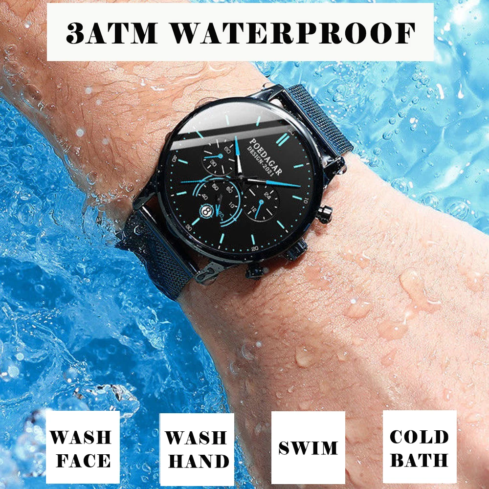 POEDAGAR Men Watch Fashion Chronograph Slim Stainless Steel Mesh Quartz Men's Wristwatch Waterproof Luminous Date Sport Watch