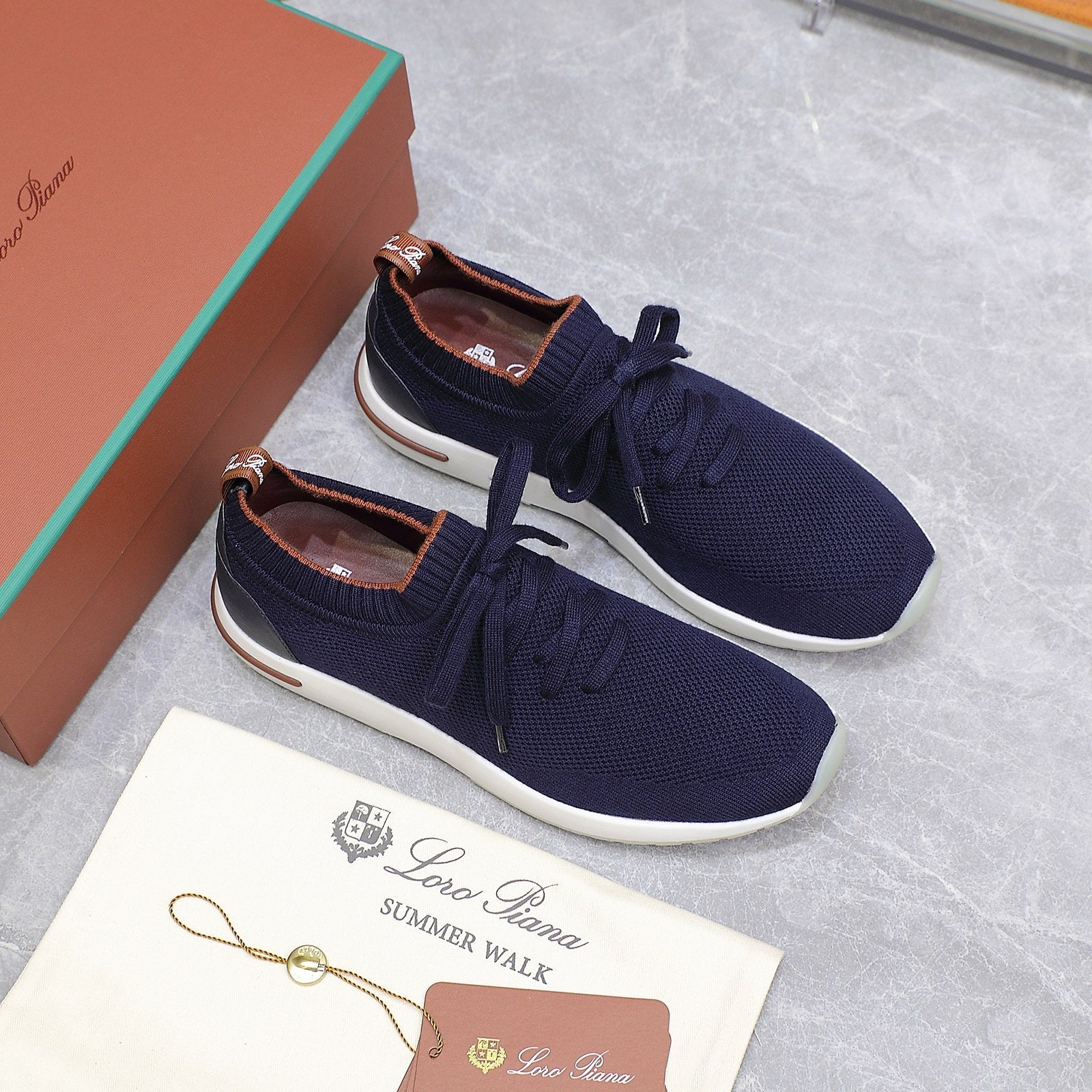 LP LADY FLEXY WALK SNEAKER NAVY BLUE AND ORANGE WOOL CALFSKIN、mysite、Cacoeks