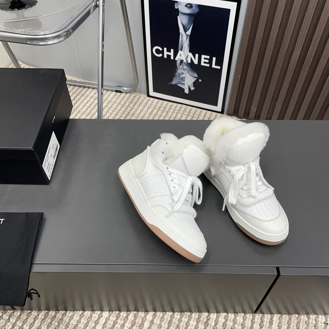 HIGH-TOP SNEAKERS IN WHITE CALFSKIN WITH FLEECE LINING、mysite、Cacoeks