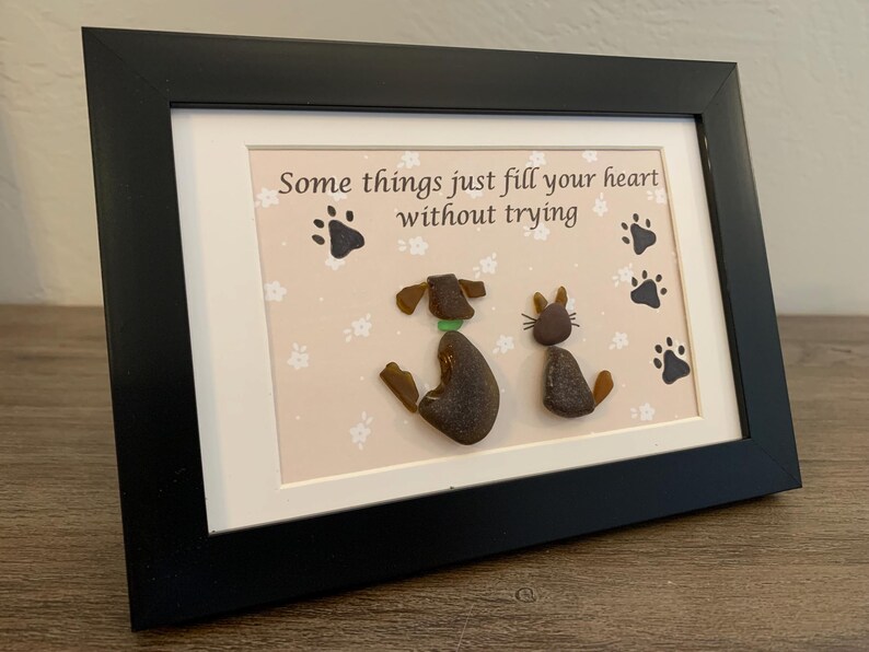 dog and cat art, dog and cat lover, sea glass dog and cat