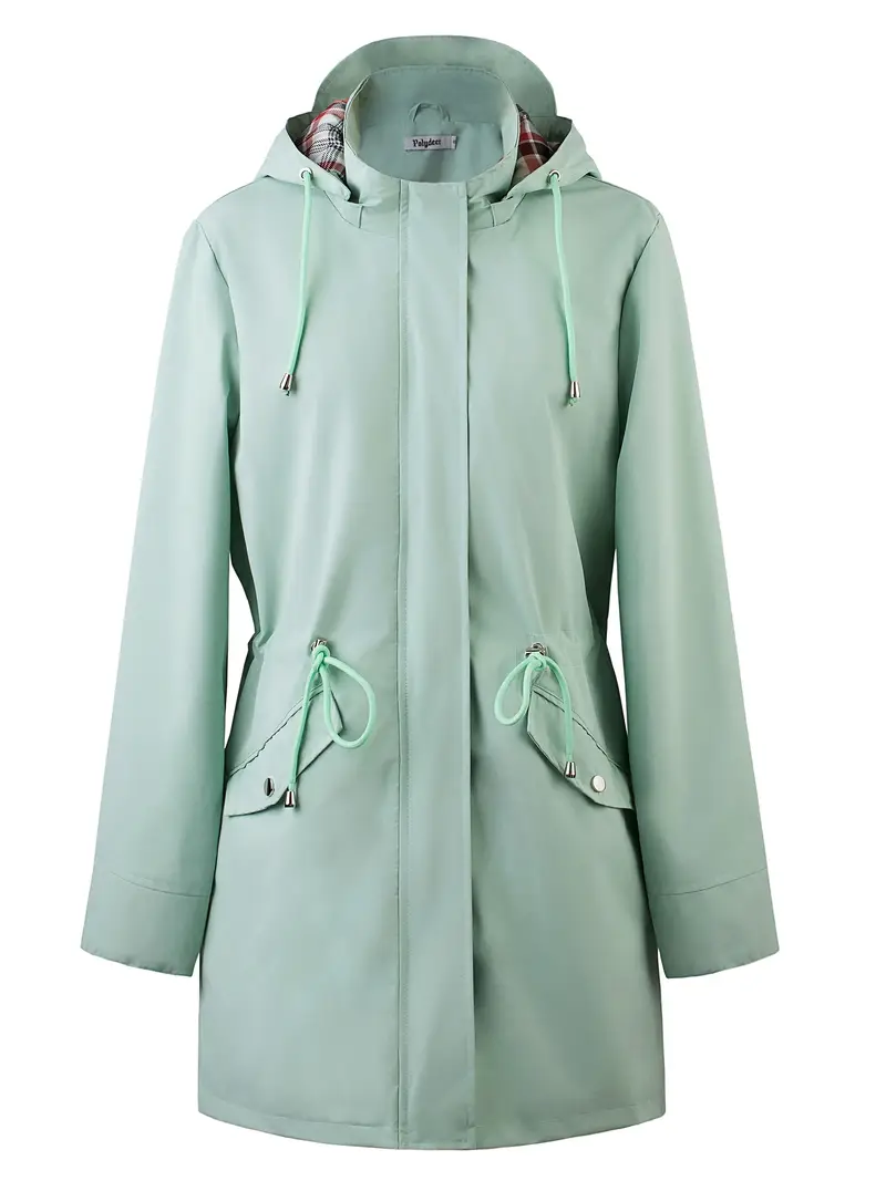 womens beige hooded zip up trench coat with drawstring waist multiple pockets casual long sleeve jacket for fall winter machine washable Product details 28