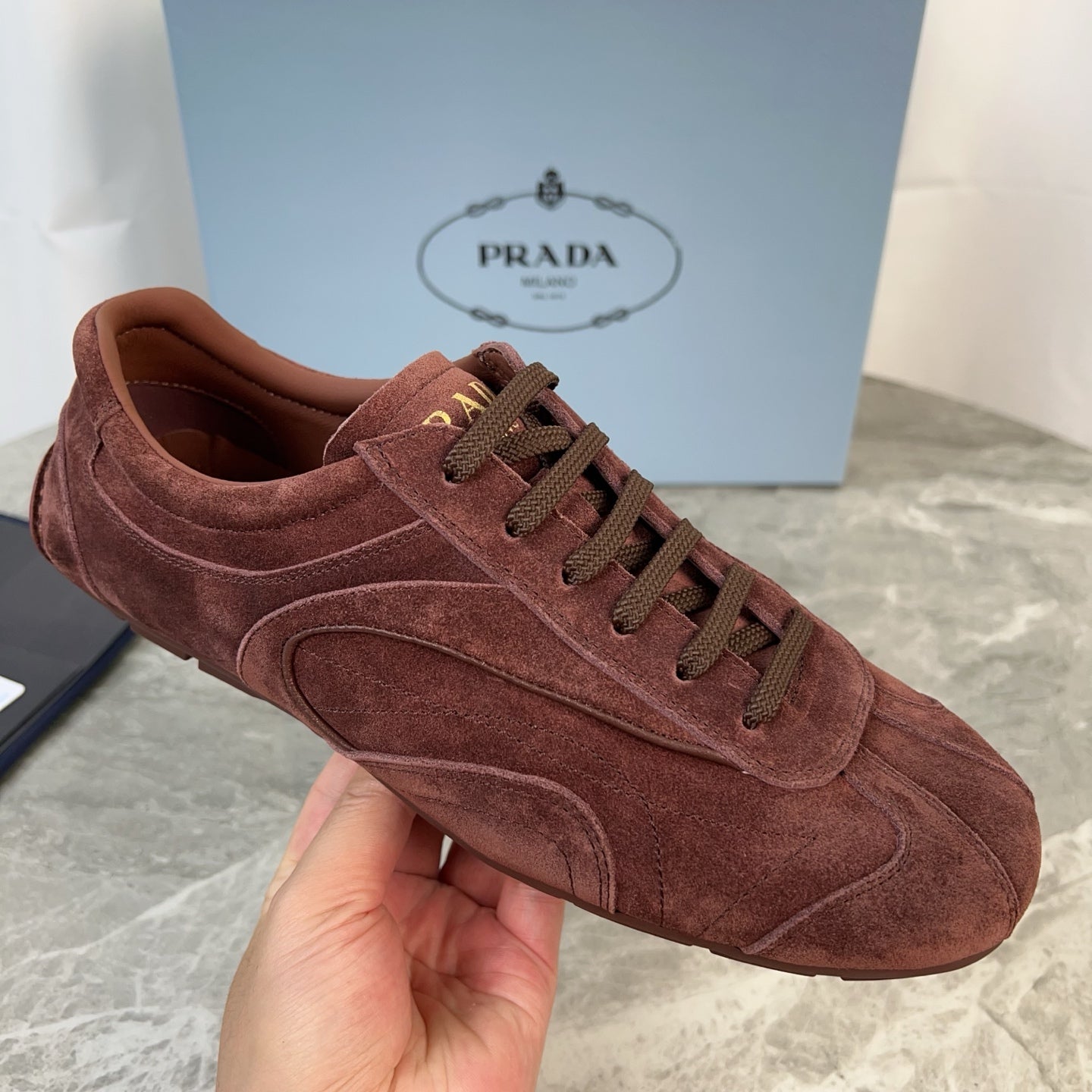 PRADA 25S MONTECARLO ANTIQUED SNEAKERS IN MAHOGANY BROWN SUEDE、mysite、Cacoeks