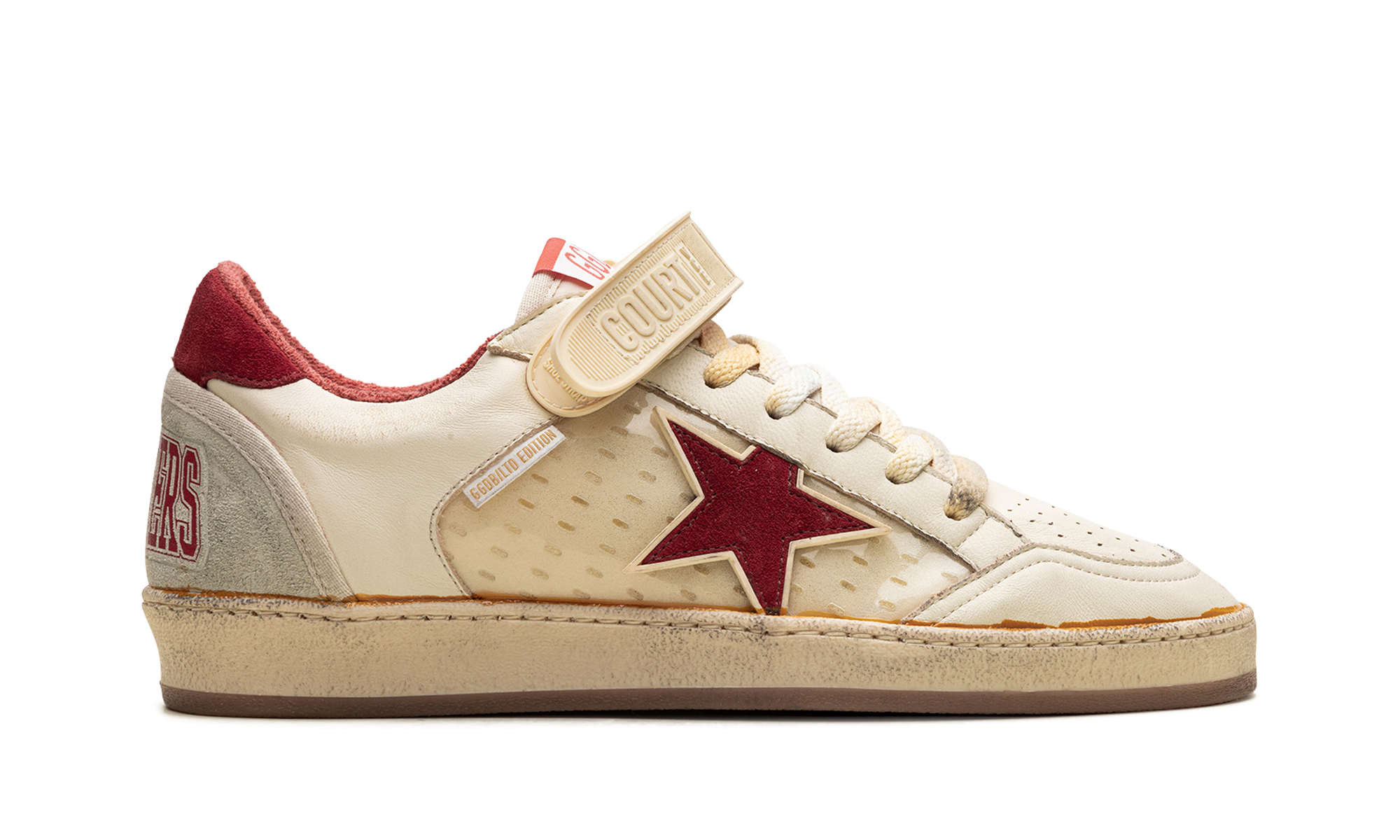 BALL STAR WITH STRAP NAPPA AND PVC UPPER SUEDE STAR SPUR AND HEEL "WHITE ICE RED PVC"、mysite、Cacoeks