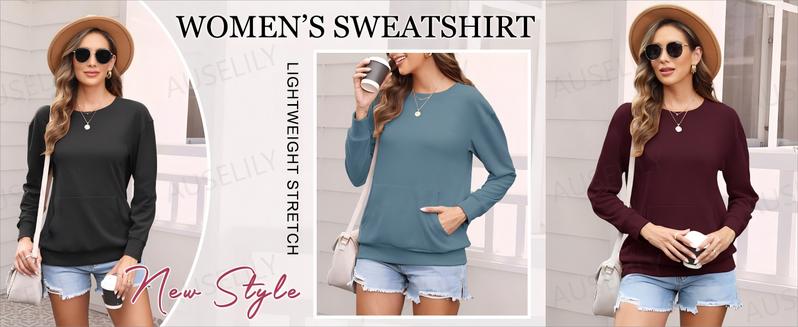 AUSELILY Women's Crewneck Hoodless Sweatshirt With Kangaroo Pocket Fleece Longsleeve Oversized Casual Style Shirt Lightweight Pullover