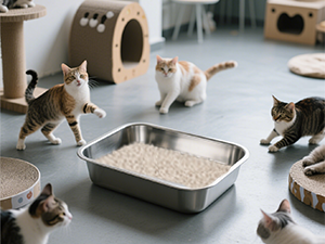 Cat litter box or tray surrounded by multiple cats in a home setting with gray flooring.