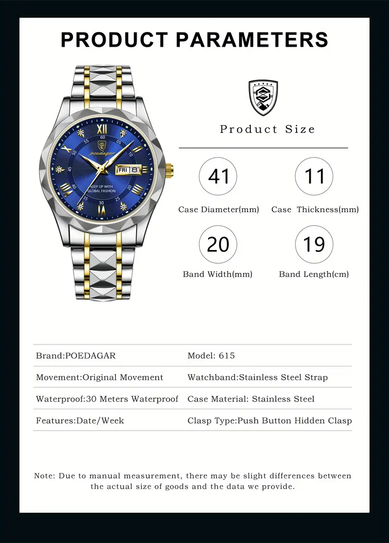 poedagar new swiss mens stainless steel quartz wristwatch students korean version of youth fashion waterproof luminous calendar mens watch details 5