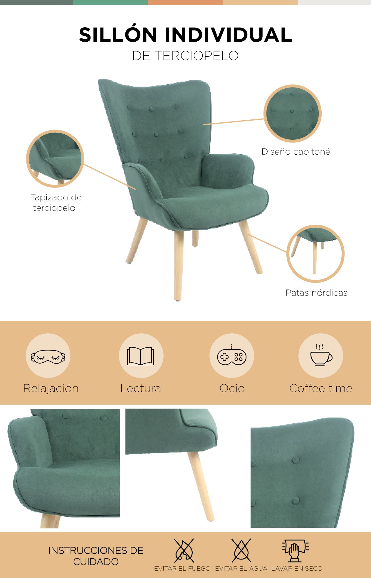 Sillón Individual para Sala Comedor Terciopelo Verde