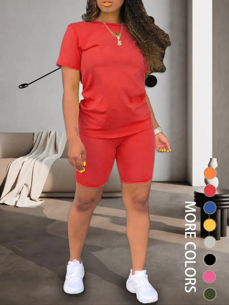Product Introduction of Two-piece Set Women's Plain Shorts Set, Comfort Round Neck Shortsleeve Tee & Skinny Shorts, Summer Clothes Women, Back To School Outfits, Workout Set, Fitted Casual Summer Clothes for Outdoor, Tomboy Femme Outfits, Workout Sets Women, Womenswear 2