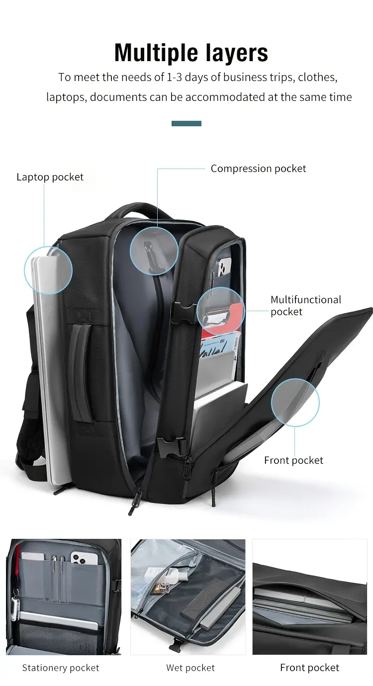 mens stylish large capacity backpack with air pump kit multi functional travel bag for business trips vacations usb rechargeable 16 inch laptop compartment details 3