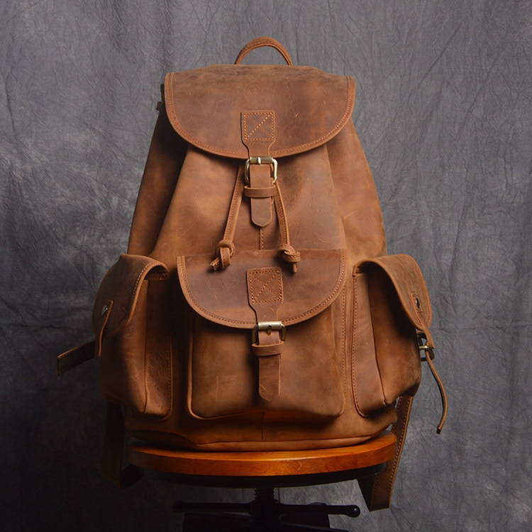 Front View of Woosir Women Men Genuine Leather Vintage Backpack