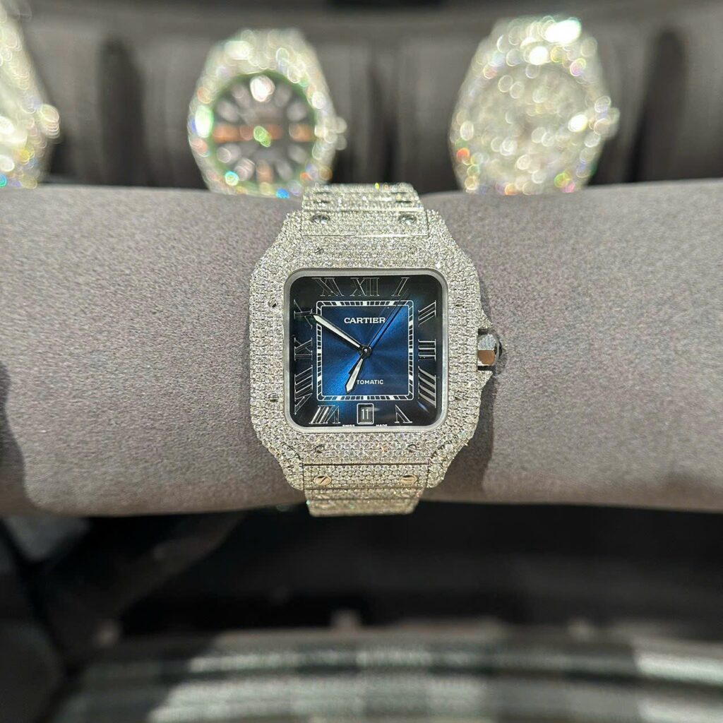 Đồng Hồ Cartier Santos Độ Full Kim Cương Thiên Nhiên Blue Dial 39 (8)