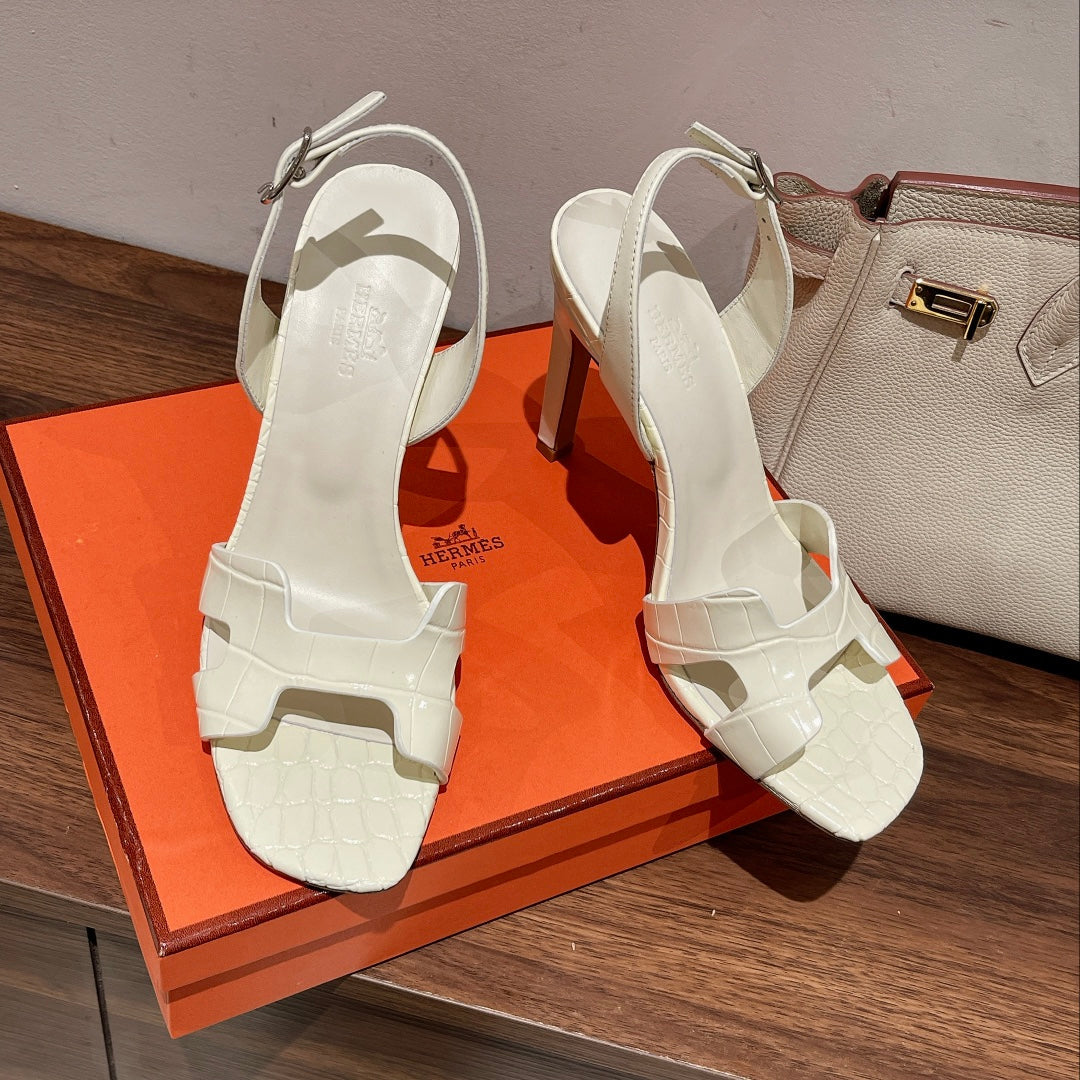 SLINGBACK ETERNITE 105 WHITE LAMBSKIN AND CROCODILE LEATHER、mysite、Cacoeks