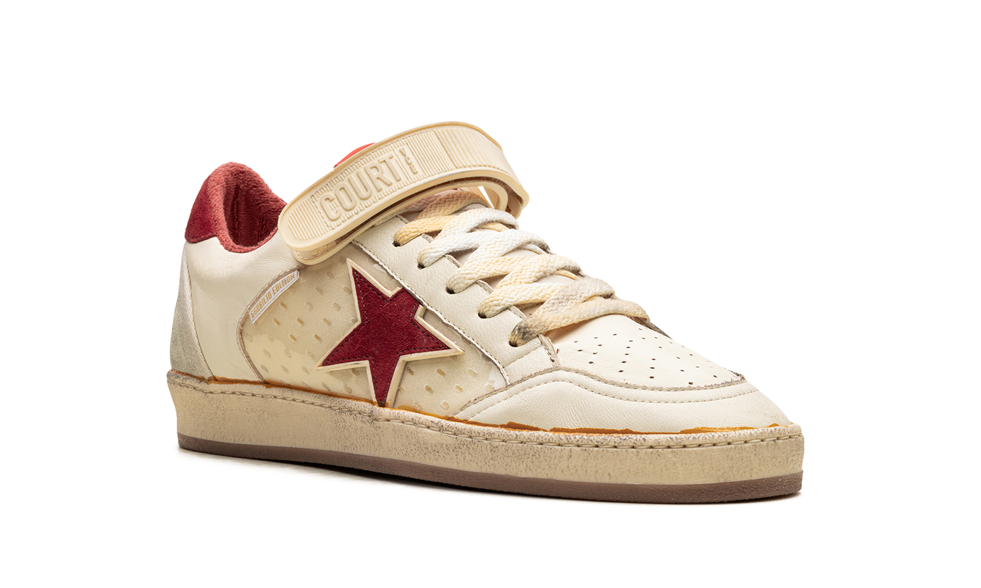 BALL STAR WITH STRAP NAPPA AND PVC UPPER SUEDE STAR SPUR AND HEEL "WHITE ICE RED PVC"、mysite、Cacoeks