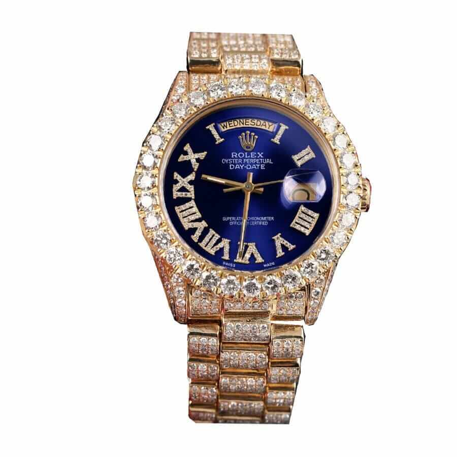 rolex day date yellow gold iced out diamond roman dial 18038 2