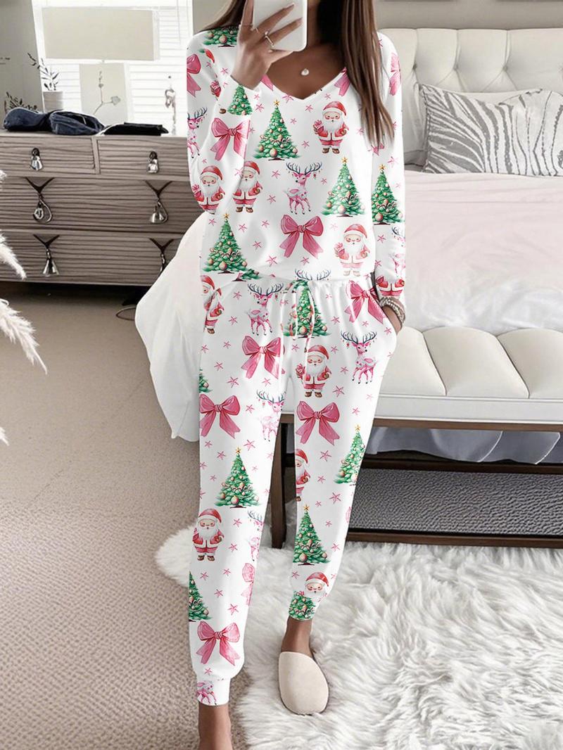 Women's Christmas Print Casual Set, Long Sleeve V Neck Top & Belted Pants, Ladies Homewear & Pajamas, Spring & Fall Fashion