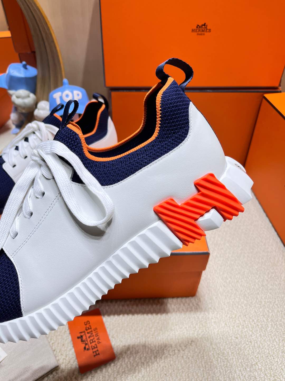 DEPART SLIP-ON SNEAKER IN NAVY BLUE KNIT AND WHITE CALFSKIN、mysite、Cacoeks