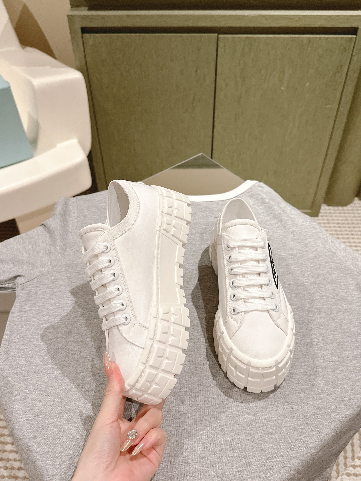PRA DOUBLE WHEEL RE-NYLON GABARDINE SNEAKERS WHITE CALFSKIN、mysite、Cacoeks
