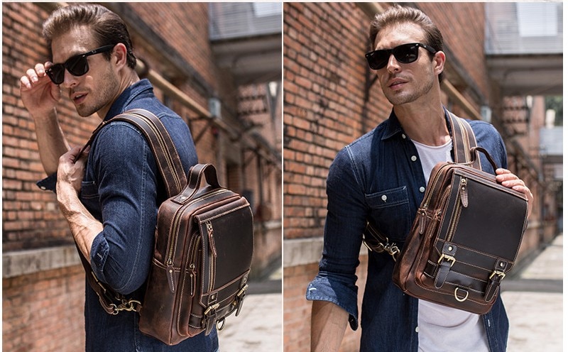 Outdoor Model Show of Woosir Mens Convertible Cowhide Leather Backpack
