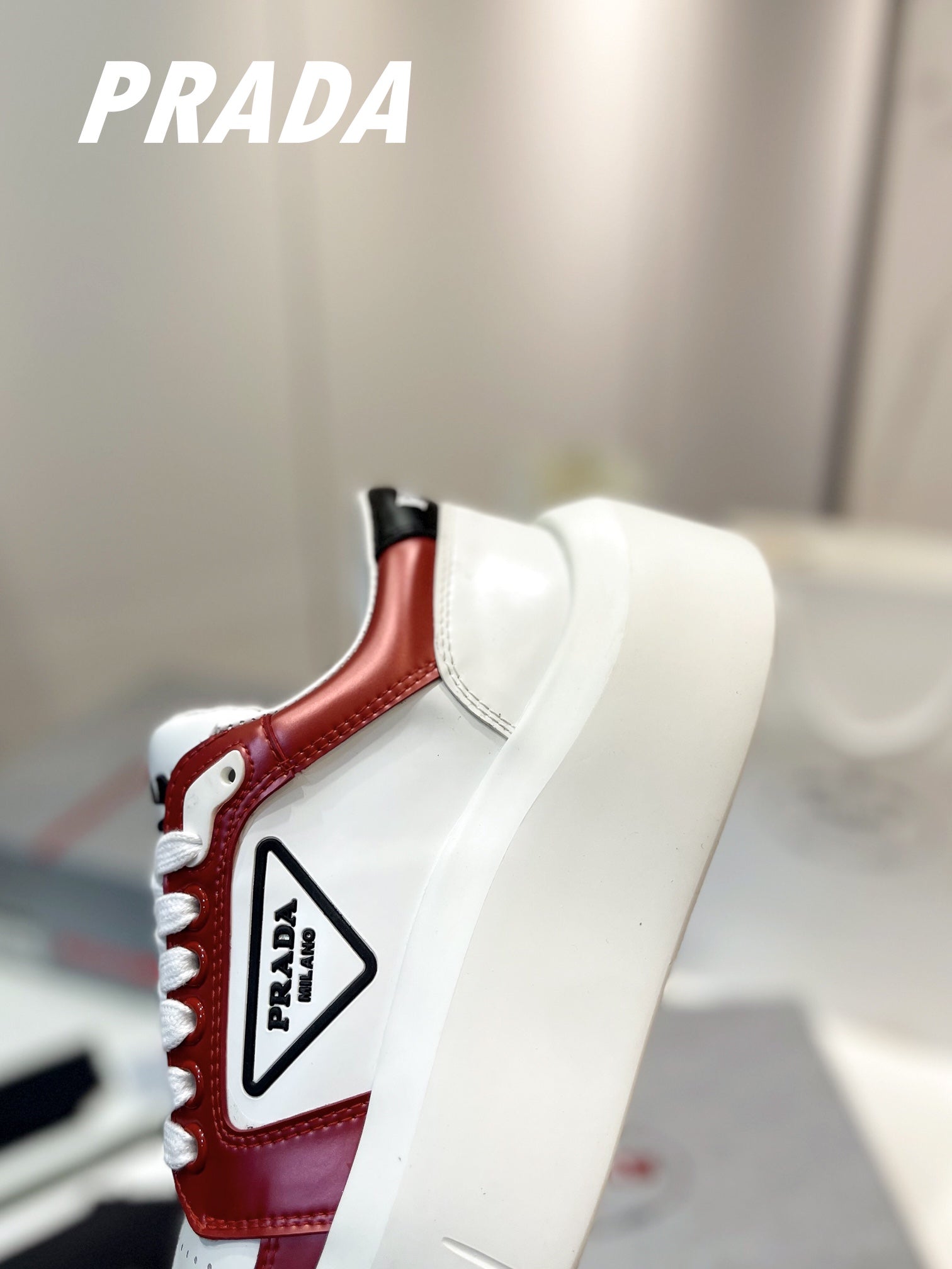 PRA DOWNTOWN THICK-SOLE SNEAKERS WHITE AND CHERRY CALFSKIN、mysite、Cacoeks