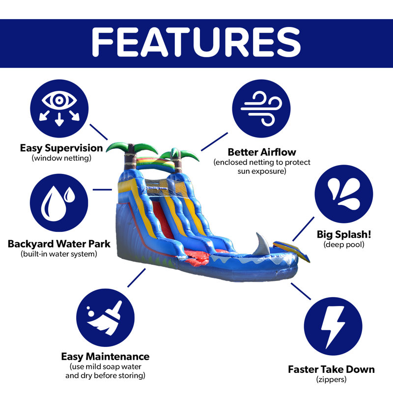 HeroKiddo 15 FT Ocean Shark Commercial Grade Water Slide (with Pool and Blower)