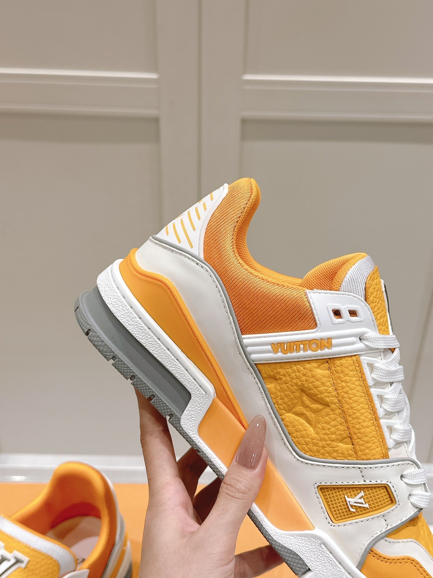 LV TRAINER SNEAKER IN SAFFRAN YELLOW GRAINED CALFSKIN、mysite、Cacoeks